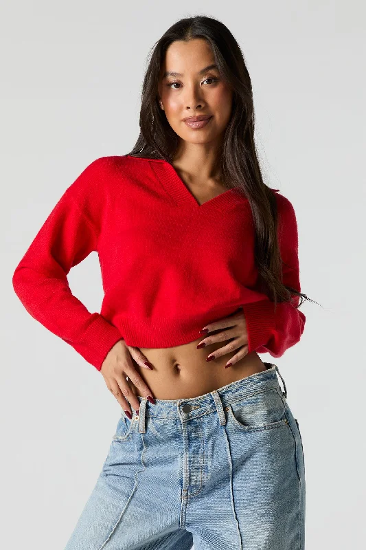 V-Neck Collared Cropped Long Sleeve Sweater