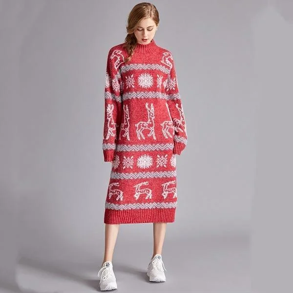 long sleeve plus size wool knitted Christmas women casual midi autumn winter Sweater dress