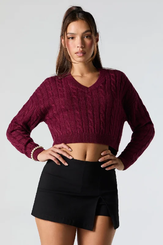 Cable Knit V-Neck Cropped Sweater