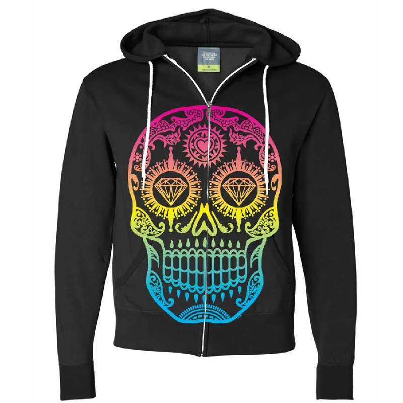 Neon Diamond Eyes Smiling Sugar Skull Zip-Up Hoodie