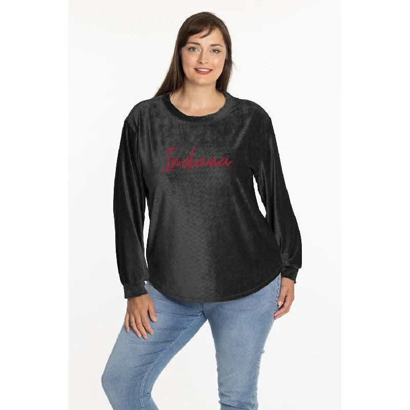 Ladies Indiana Hoosiers Carly Corduroy Velour Script Black Crew Neck Sweatshirt