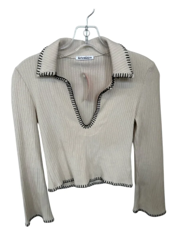 Reformation Size XS Cream & Black Tencel Blend Long Sleeve Ribbed Sweater