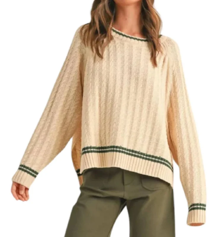 Cable Contrast Sweater In Green