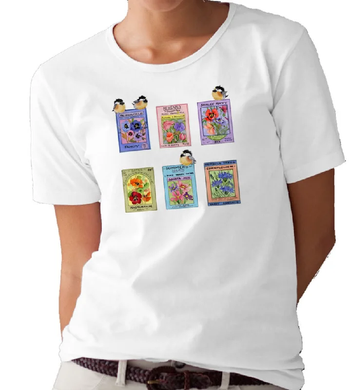 Seed Packets and Chickadees T-shirt/tee by Valerie Pfeiffer