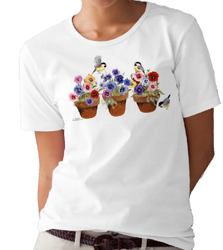 Potted Pansies and Birdies T-shirt/tee by Valerie Pfeiffer