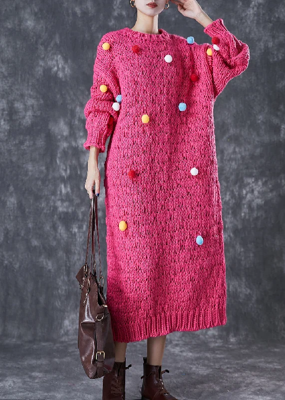 Italian Rose Fuzzy Ball Decorated Knit Long Sweater Dress Winter