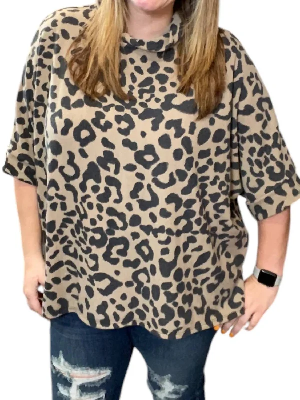 Leopard Cowl Neck Poncho In Brown