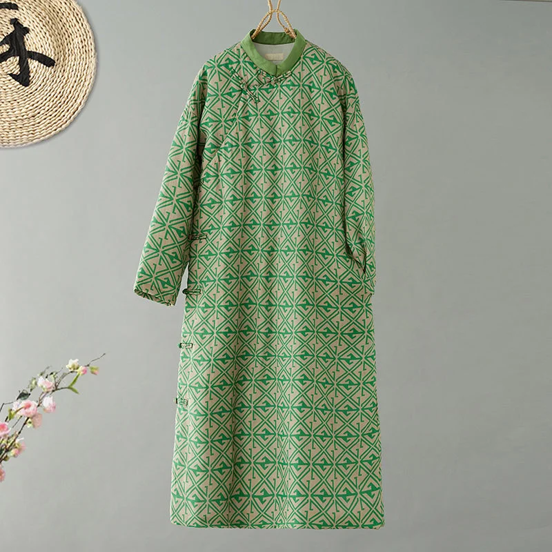 Babakud Women Winter Green Cotton Linen Buttoned Long Quilted Coat Dress