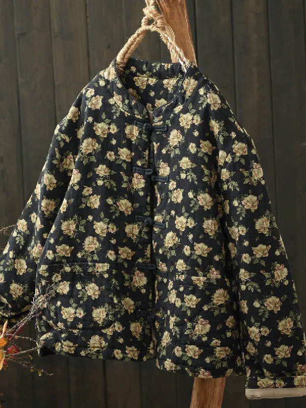 Babakud Women Winter Retro Printed Floral Stand Collar Quilted Short Coat