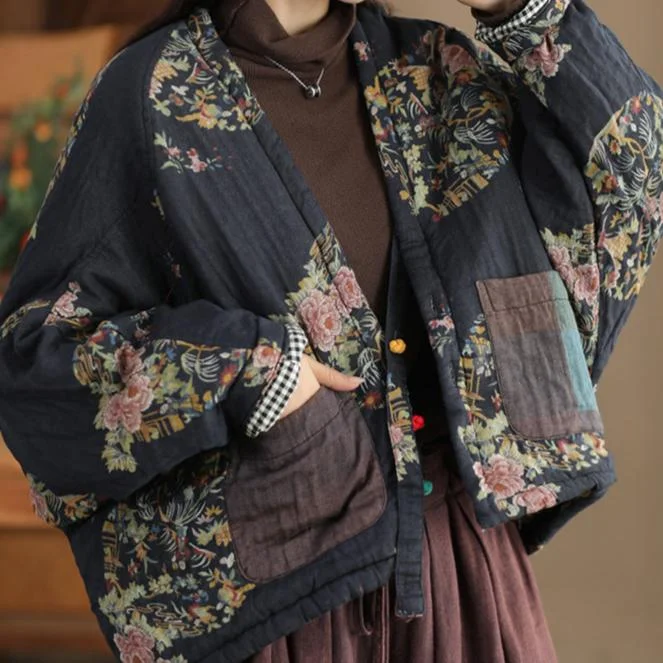 Babakud Women Winter Vintage Floral Batwing Sleeves Linen Quilted Jacket with Pockets