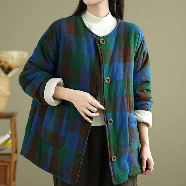 Babakud Women Winter Vintage Loose Fit Plus Size Plaid Quilted Cotton Jacket