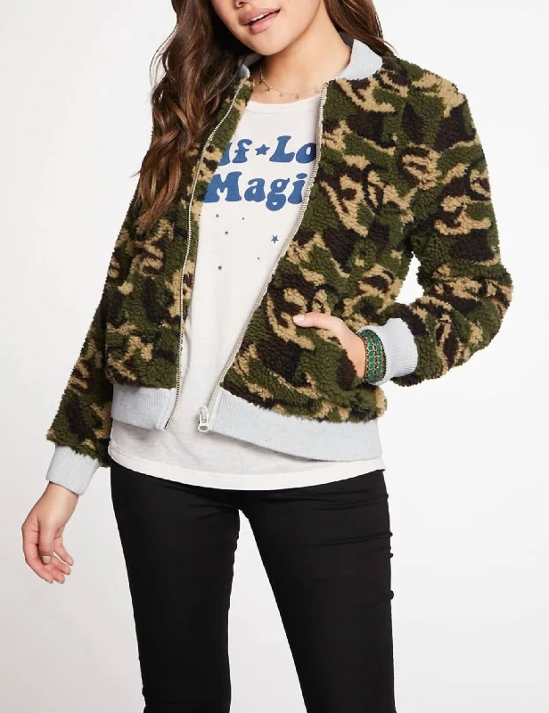 Faux Fur Bomber Jacket In Camo