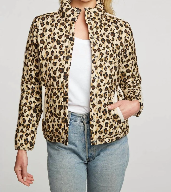 Heirloom Wovens Quilted Cropped Mock Neck Puffer Jacket In Bobcat Print