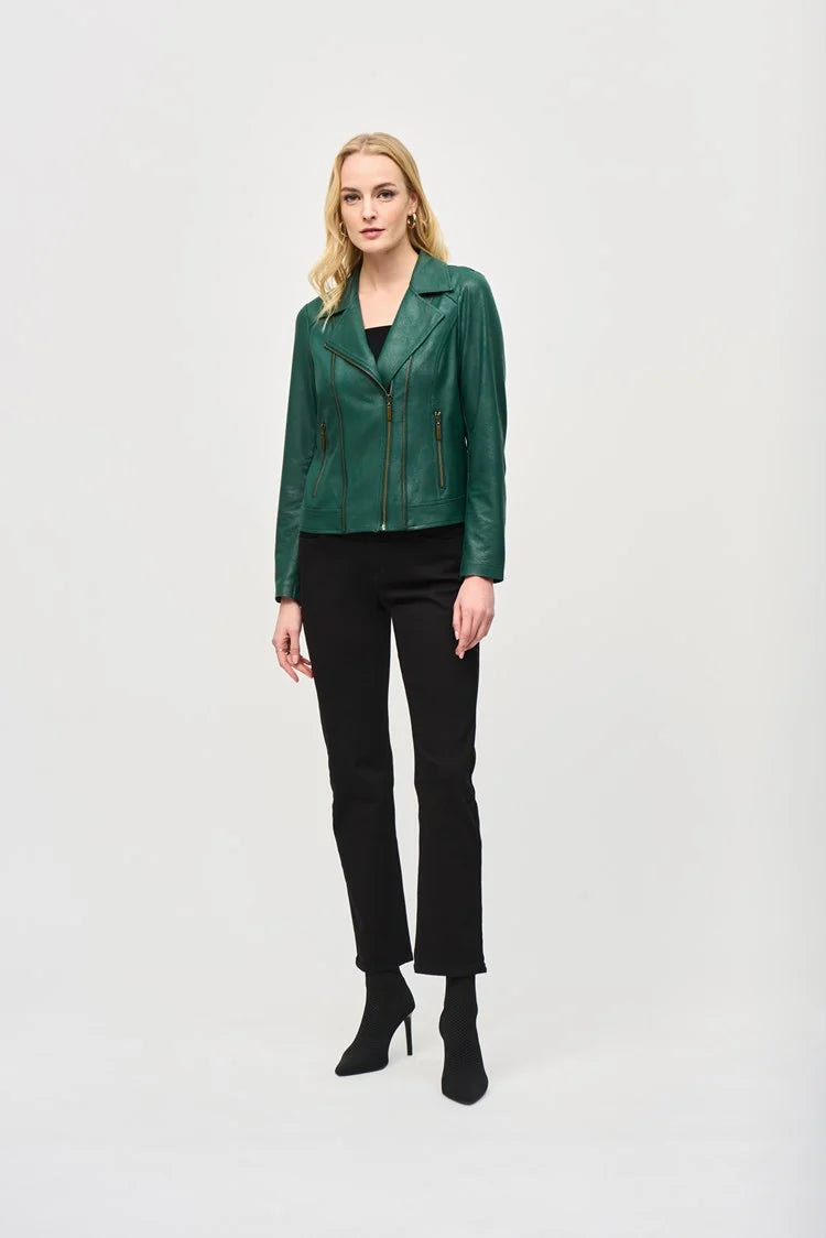 Joseph Ribkoff Absolute Green Foiled Knit Moto Jacket