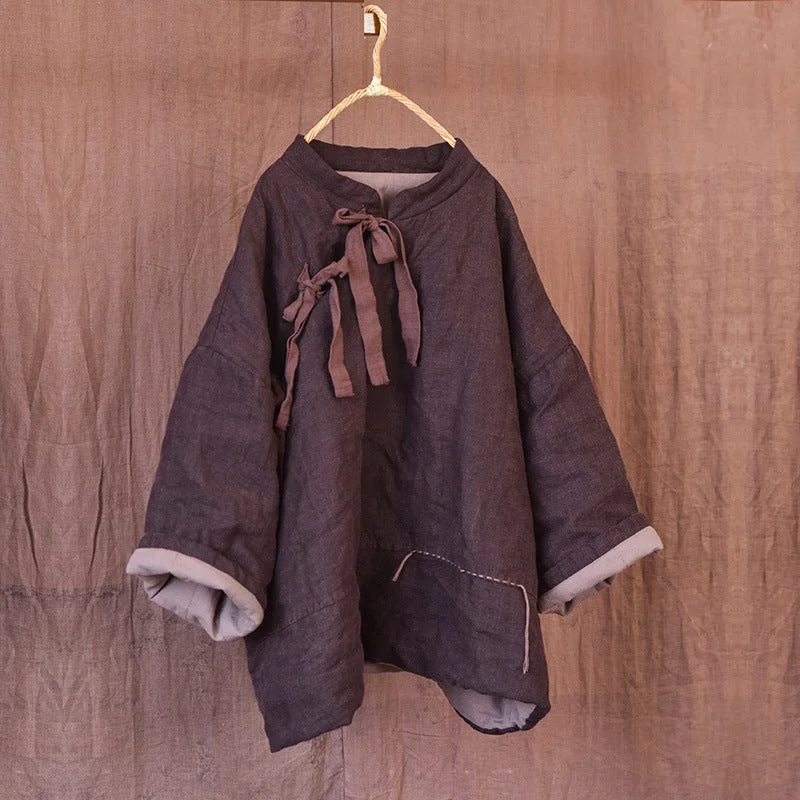 Washed Asymmetrical Tie Closure Padded Linen Coat