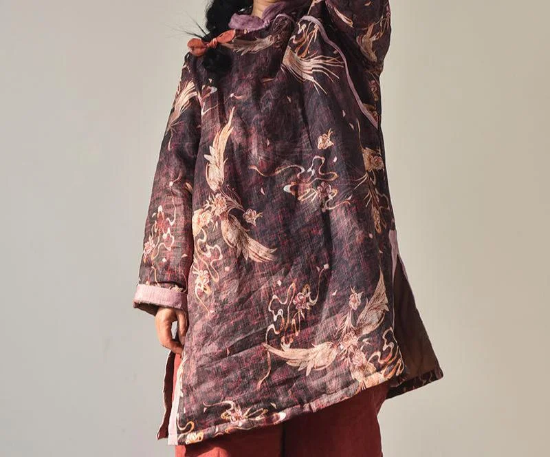 Women Asymmetric Printed Mid- Length Ramie Cotton Coats