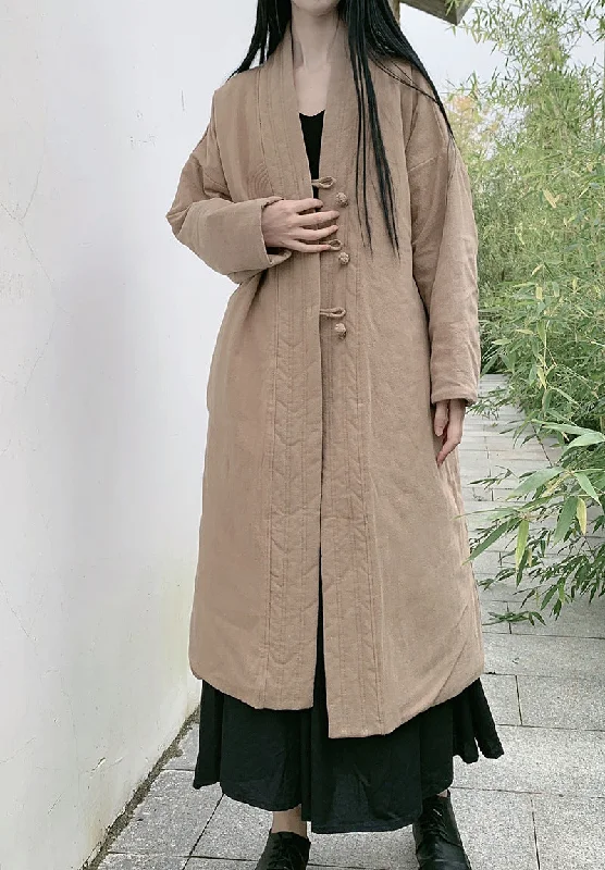 Women Elegant Solid Color Mid-Length Padded Linen Coat