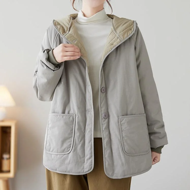 Women Gray Quilted Hooded Warm Padded Jacket