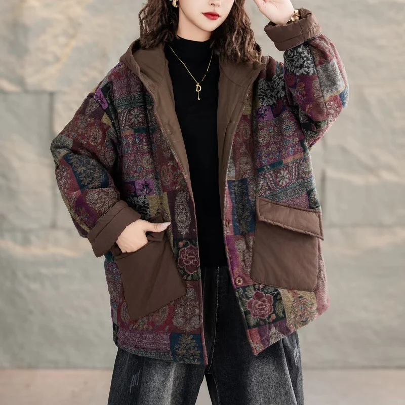 Women Trendy Vintage Printed Warm Padded Hooded Coats