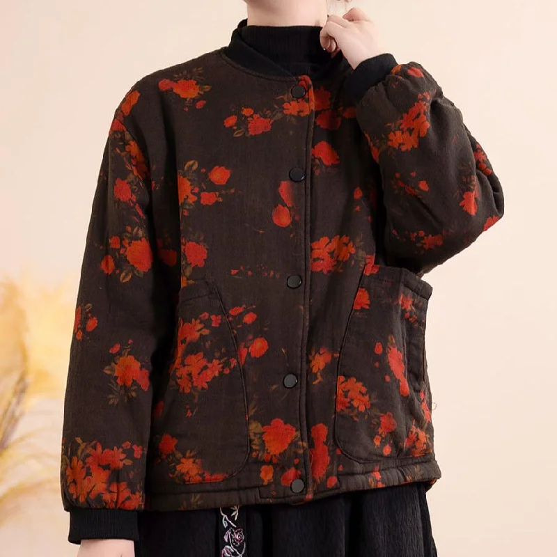 Women Winter Trendy Vintage Floral Cotton Bomber Jacket