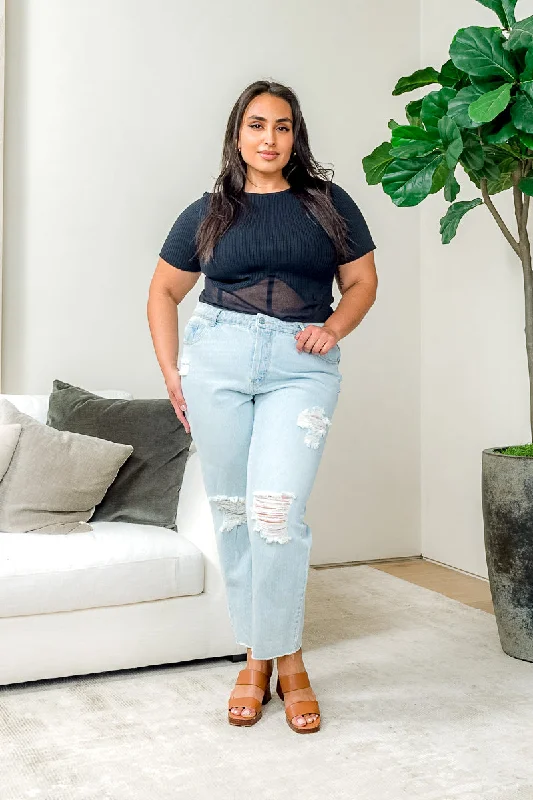 Plus Size High Rise Distressed Denim Jeans with Cropped Leg and Fringe Hem in Light Blue (V23197-18P)