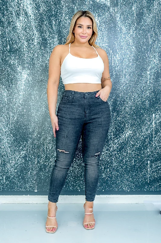 Plus Size Body Sculpt Denim Skinny Jeans with Rip Detail in Black  (HPS-1554)