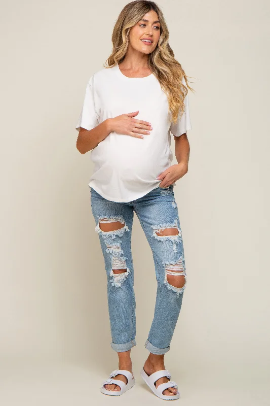 Light Blue Distressed Cuffed Maternity Skinny Jeans