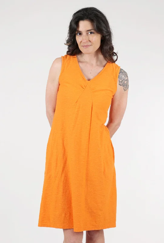 Linen-Cotton Tucked Shift Dress, Tangelo Orange