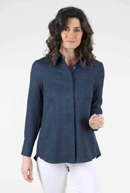 Back Pleated Blouse, Heathered Navy