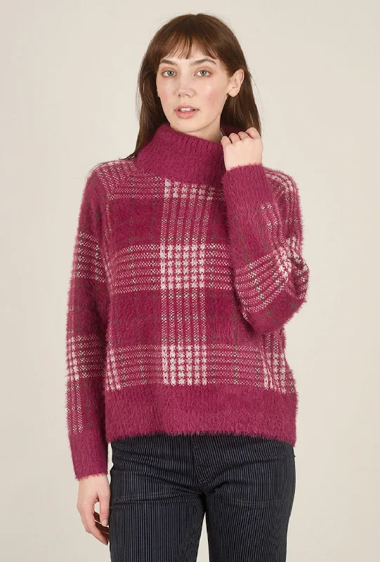 Checker Print Tneck Sweater, Berry