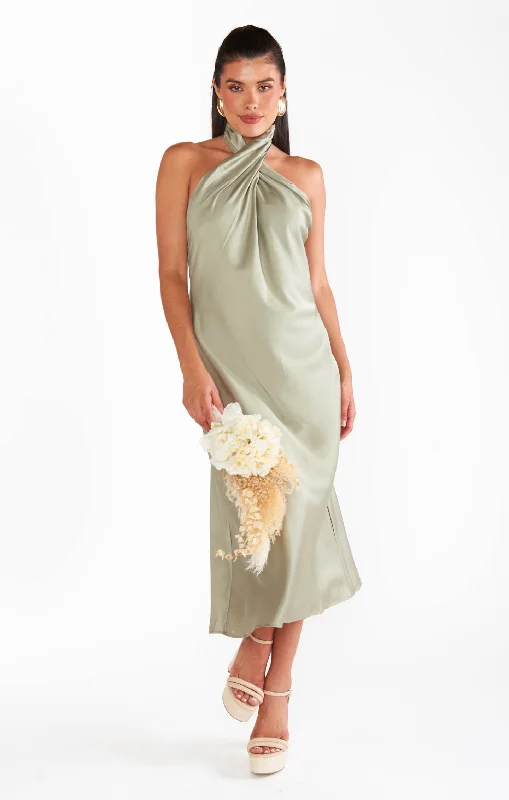 Jasmine Halter Midi Dress ~ Moss Green Luxe Satin