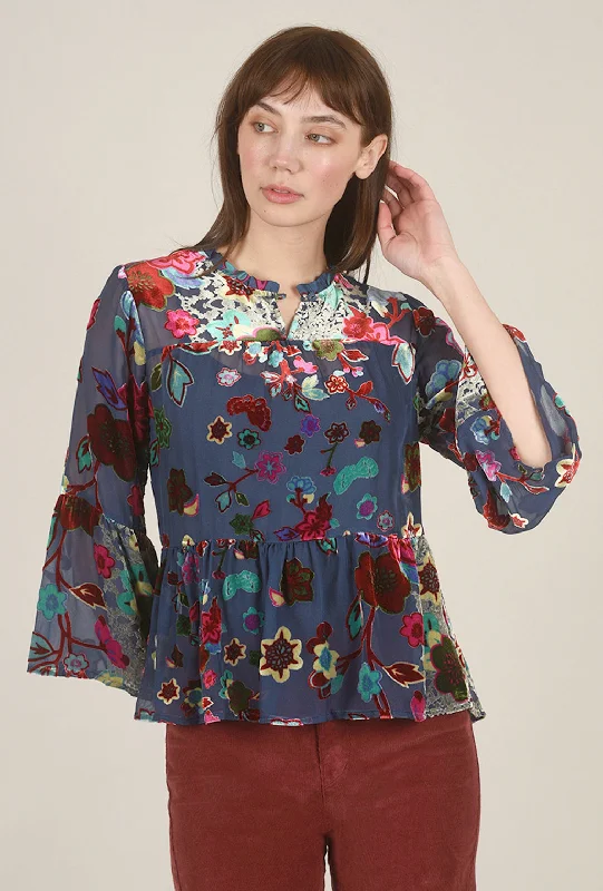 Flower Burnout Lya Blouse, Navy Multi