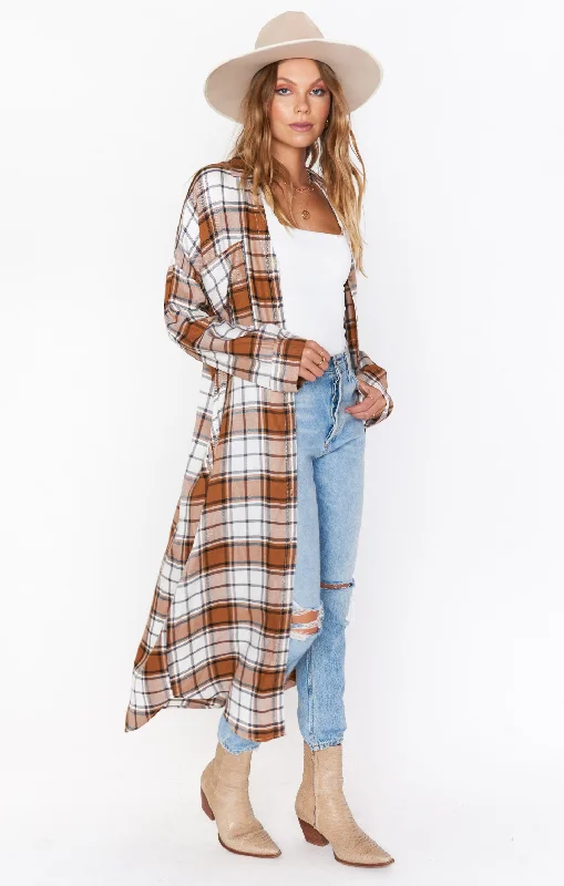 Leo Button Down Tunic ~ Tan Plaid