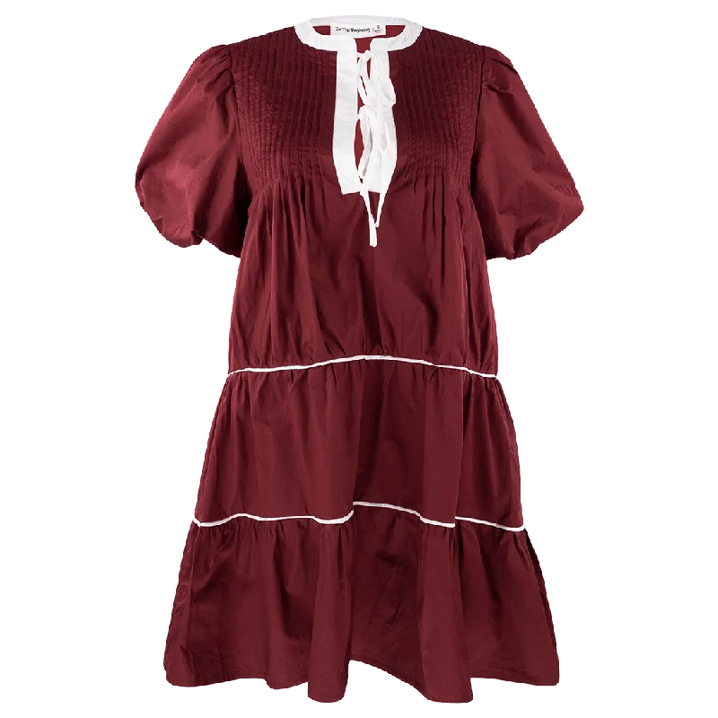 Maroon Pleated Dress with White Ties