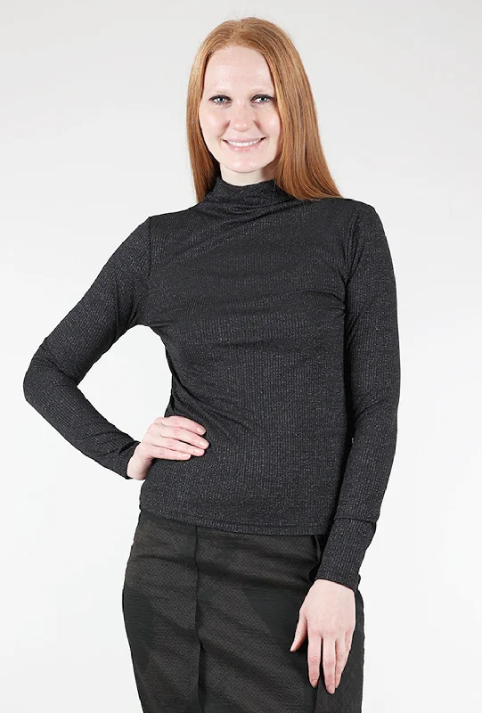 Shimmery Ribbed Mock Neck, Black