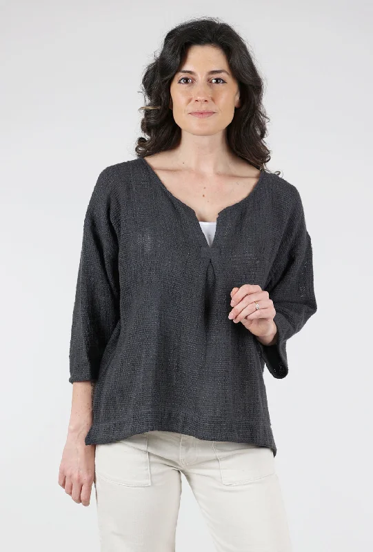 Notch-Neck Net Pullover, Charcoal