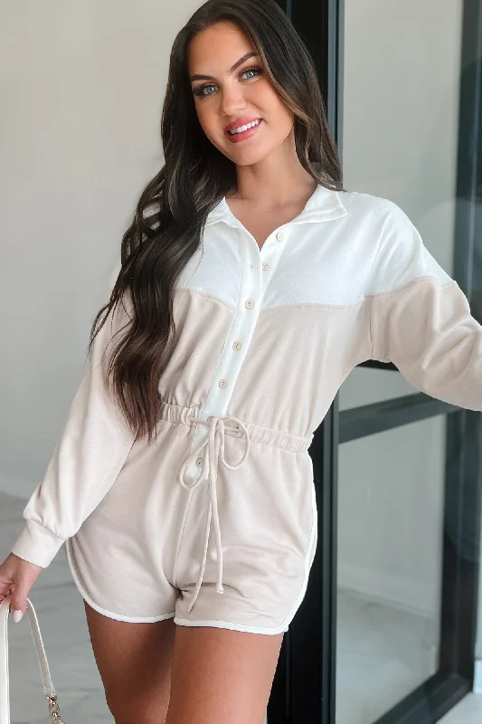 Ozzie Button-Front Long Sleeve Romper (White/Seashell)