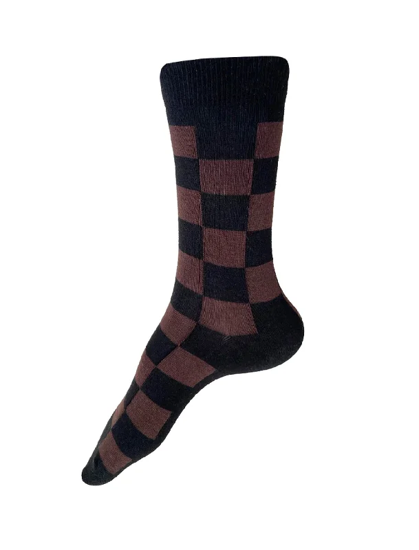 Katsura Check Crew Socks, Brown/Black