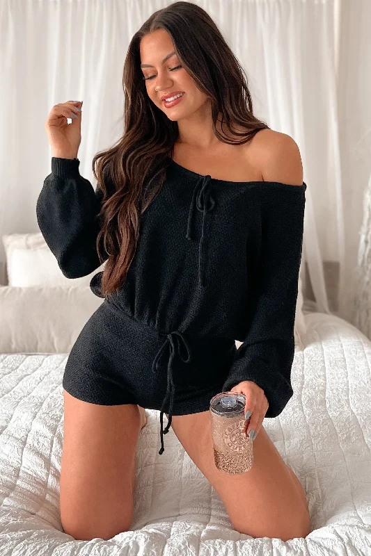 DOORBUSTER Too Tired To Move Waffle Knit Romper (Black)