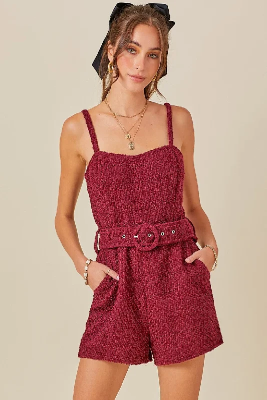 TWEED BELTED ROMPER IN WINE