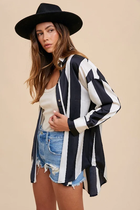 Black Ivory Wide Striped Satin Relaxed Fit Woven Blouse