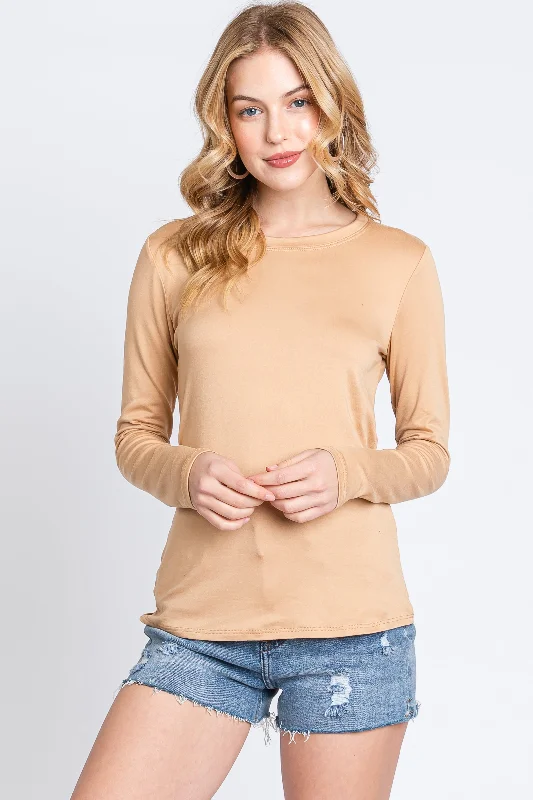 Camel Knit Long Sleeve Round Hem Top