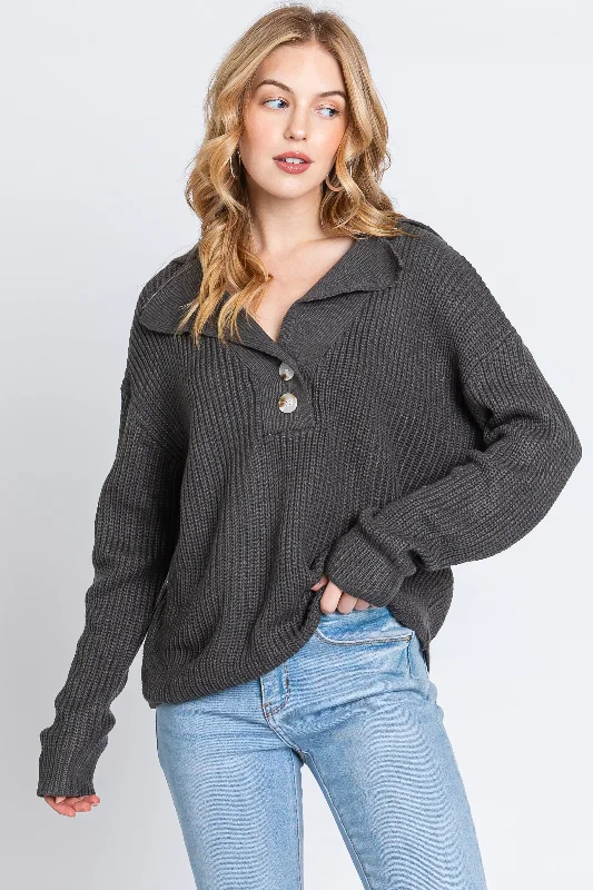 Charcoal Chunky Knit Front Button Sweater