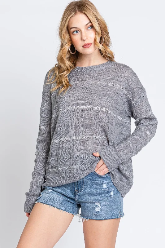 Grey Striped Open Knit Top