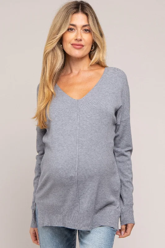 Heather Grey Long Sleeve Side Slit Maternity Sweater