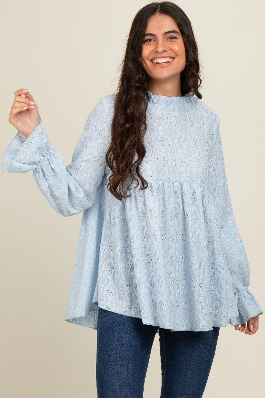 Light Blue Lace Ruffled Neck Top