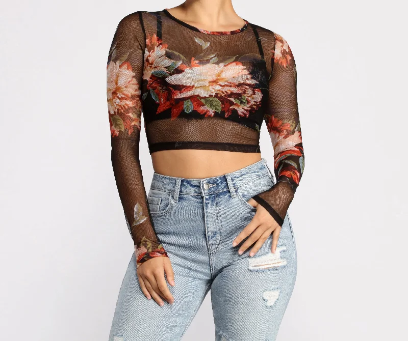 Lookin' Fine In Floral Mesh Crop Top