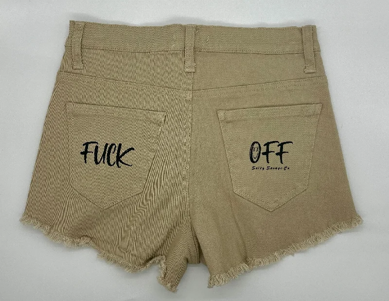 Salty Savage Ladies Mid Rise “FUCK OFF” Distressed Stretch Jean Shorts | Khaki