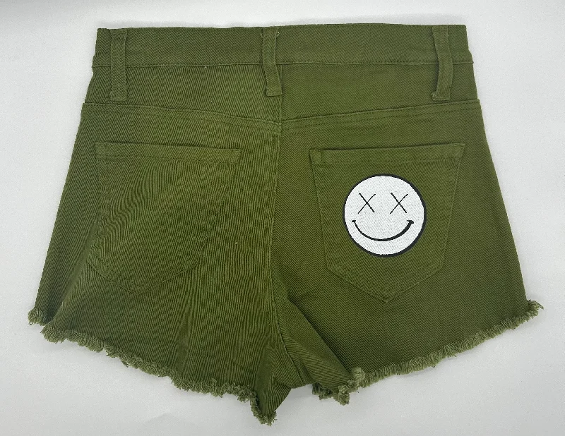 Salty Savage Ladies High Rise “OG Smile” Distressed Stretch Jean Shorts | Olive