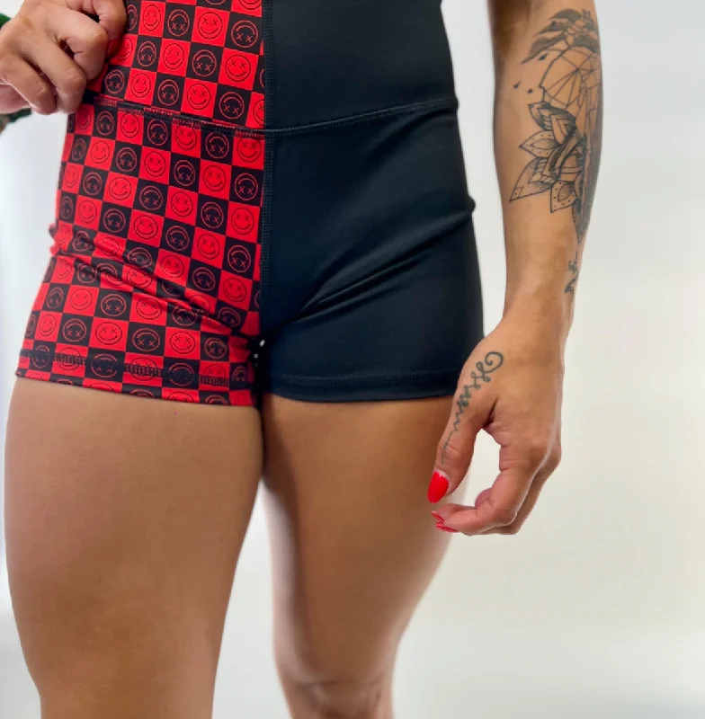 Salty Savage Ladies High Rise Two Tone Training Shorts | Wet Suit Performance | Red/Checkerboard